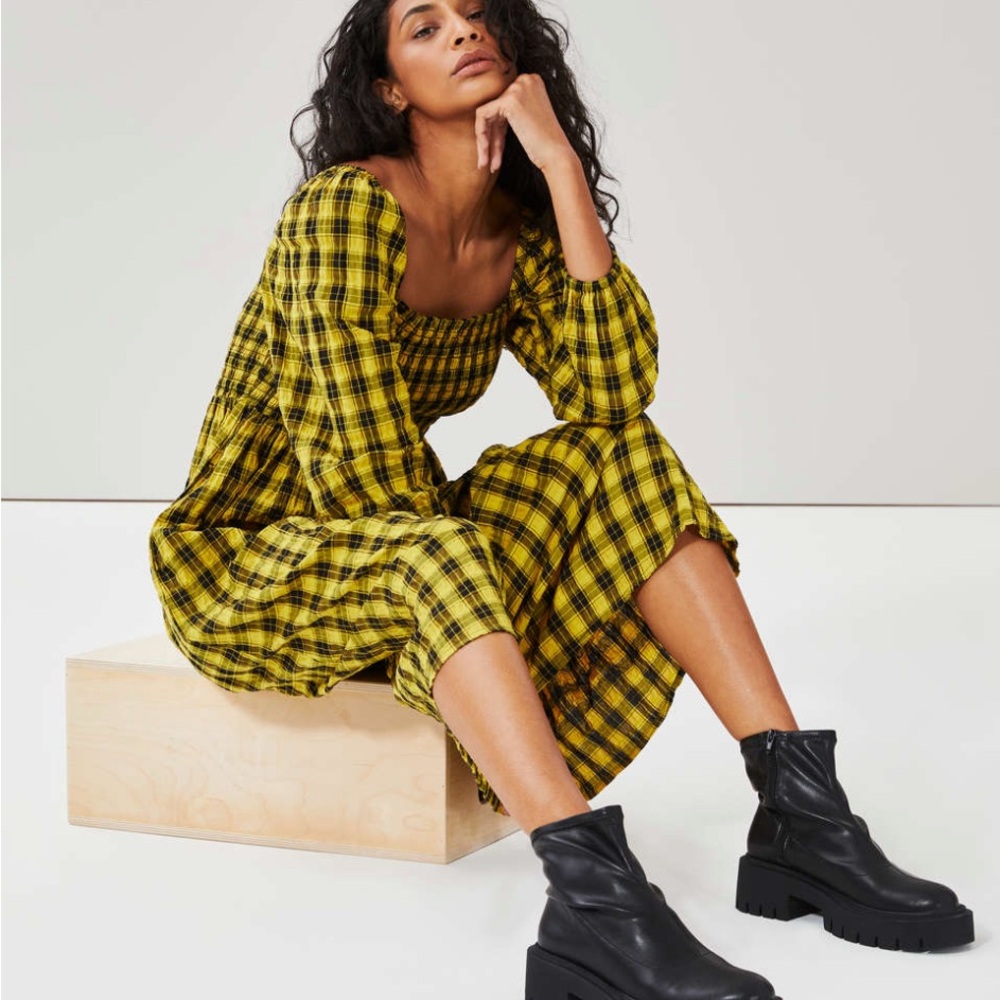 Joe Fresh Yellow Checkered Long Sleeve Dress